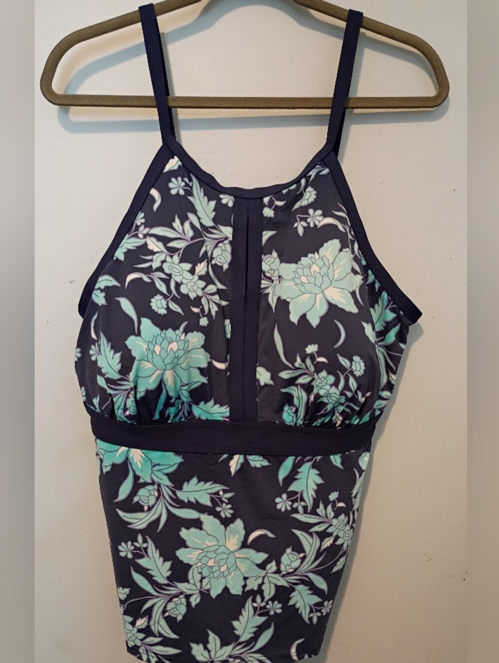 Lands' End Floral Halter Swim Top in Navy and Mint